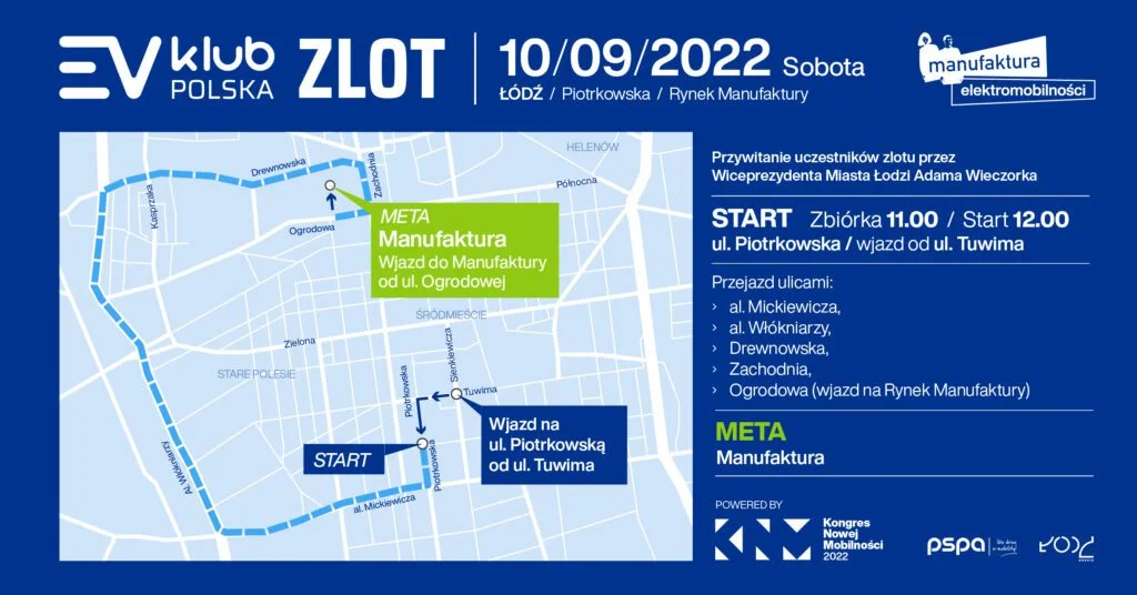 Już jutro w Łodzi startuje największy zlot samochodów elektrycznych w Polsce! - Zlot EVKP KNM 2022 mapa facebook 1200x628px 1