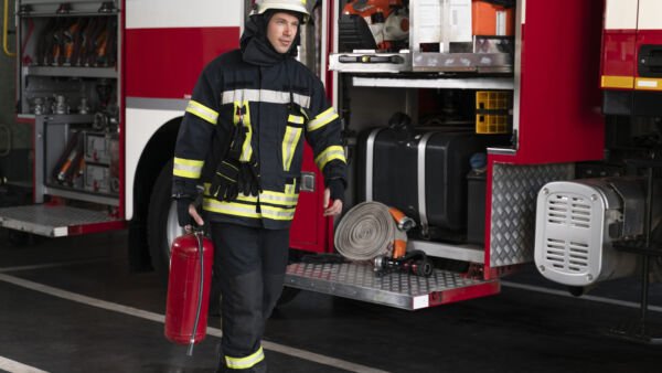 Strefa Wiedzy - male firefighter station equipped with suit safety helmet