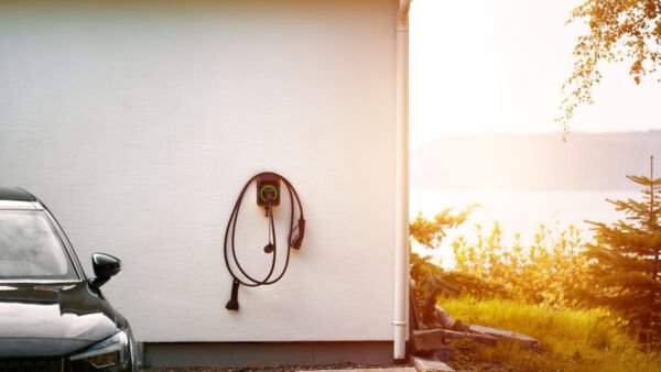 Strefa Wiedzy - plug holder wall mount ev charger charging station with cable wall box mounted white house wall sustainable future concept electric cars