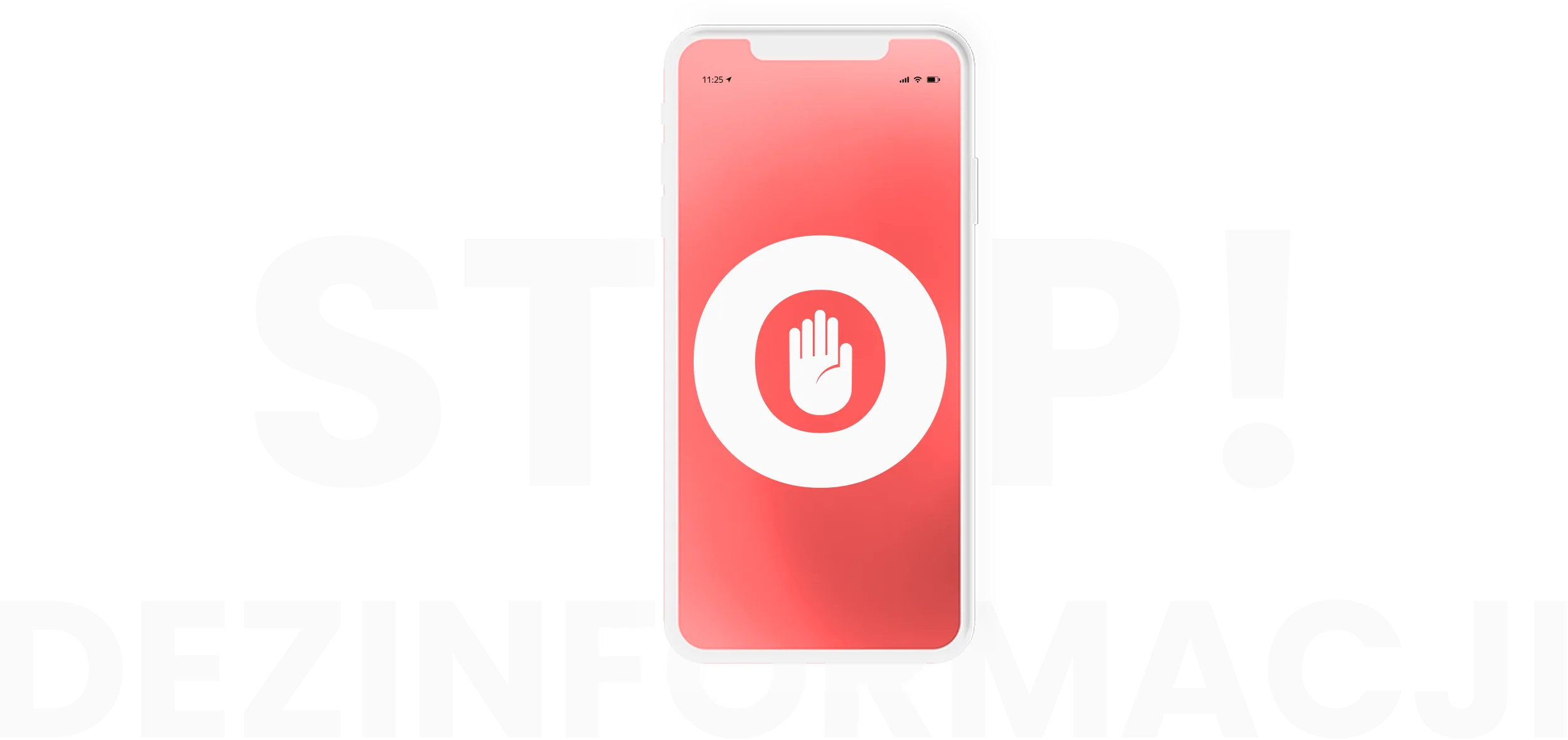 Grafika z napisem "Stop Dezinformacji" na tle telefonu