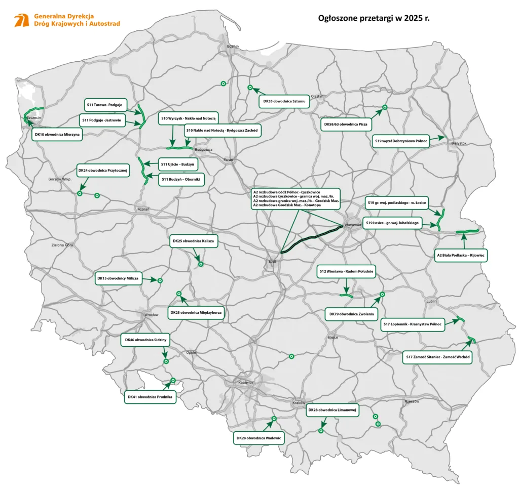 GDDKiA podsumowuje miniony rok. 400 km nowych tras - mapa odcinkow na ktore gddik podpisala przetargi w 2025 roku