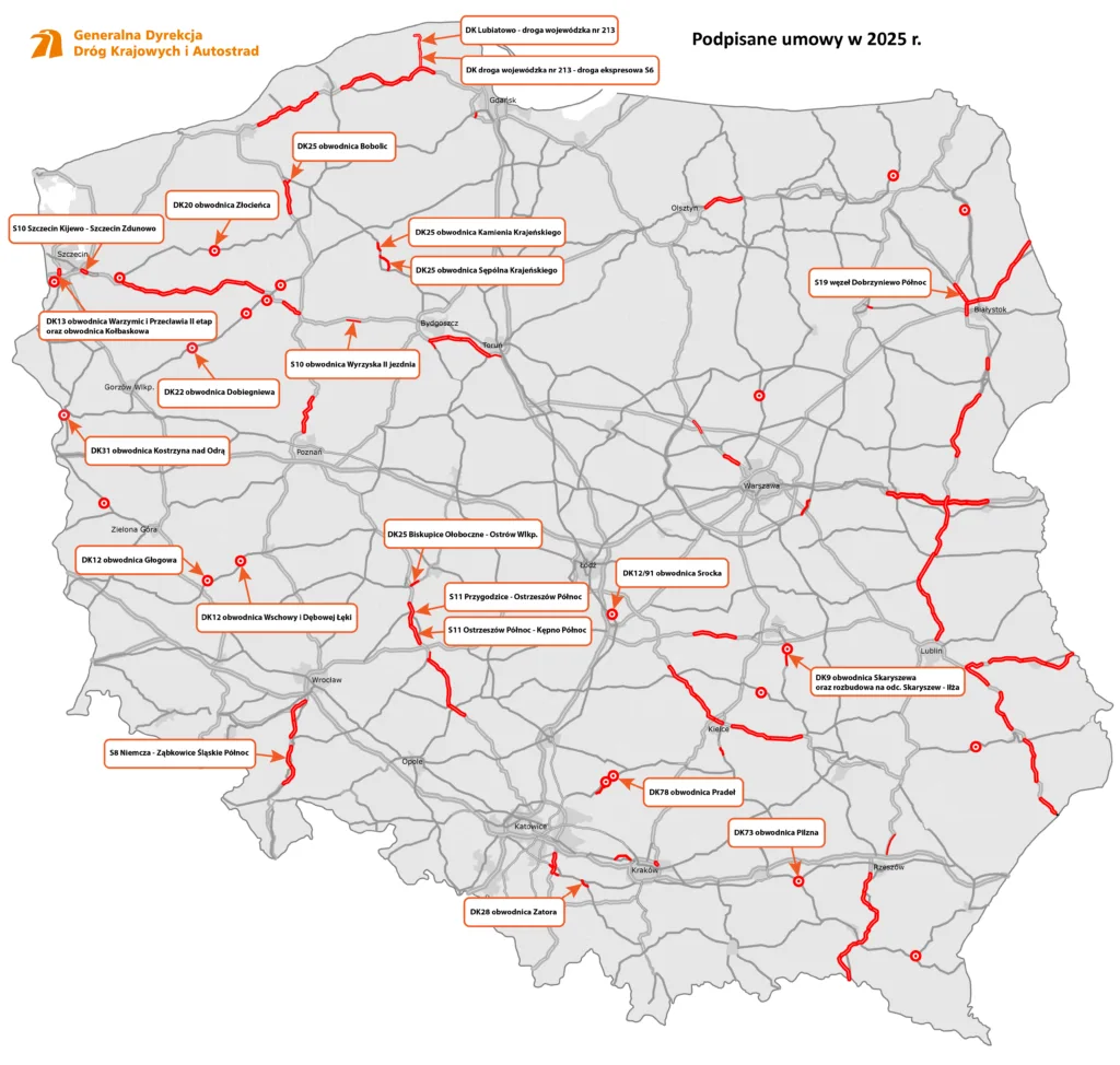 GDDKiA podsumowuje miniony rok. 400 km nowych tras - mapa odcinkow z podpisanymi umowami w 2025 roku