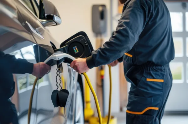 A technician connects an electric vehicle to a home charging station, illustrating the integration of renewable energy in daily life. AIG41