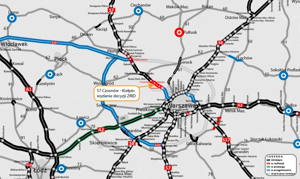 Nowe inwestycje w centrum. Bliżej końca S7 pod Warszawą i rozbudowy DK60 - Inwestycja Czosnow Kielpin mapa 1