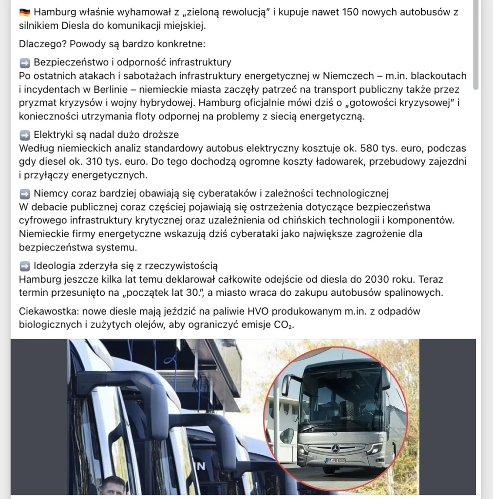Hamburg nie porzuca autobusów elektrycznych – skąd wziął się fake news i jakie są fakty? Hamburg