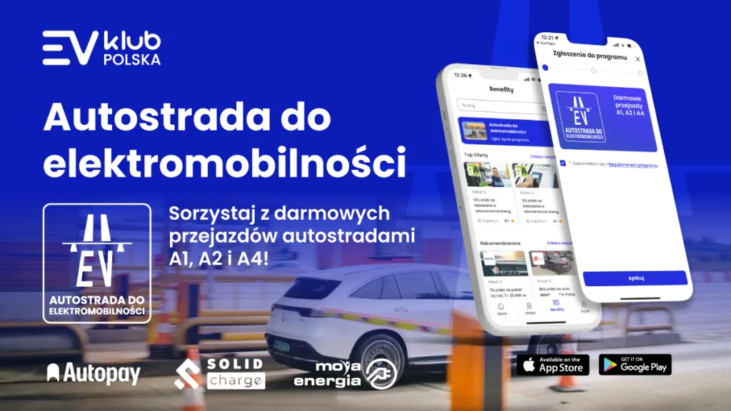 Od 20 lipca darmowe przejazdy autostradami dla użytkowników BEV zrzeszonych w EV Klub Polska! - EVKP Autostrada do Elektromobilnosci 2026 Grafika 1200x675px
