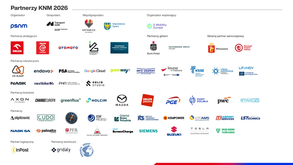 Katowice stolicą europejskiej mobilności! 550 prelegentów ze świata, 250 sesji merytorycznych i EXPO nowoczesnych technologii Katowice stolicą europejskiej mobilności! 550 prelegentów ze świata, 250 sesji merytorycznych i EXPO nowoczesnych technologii - KNM 2026 Partnerzy Plansza 1920x1080px