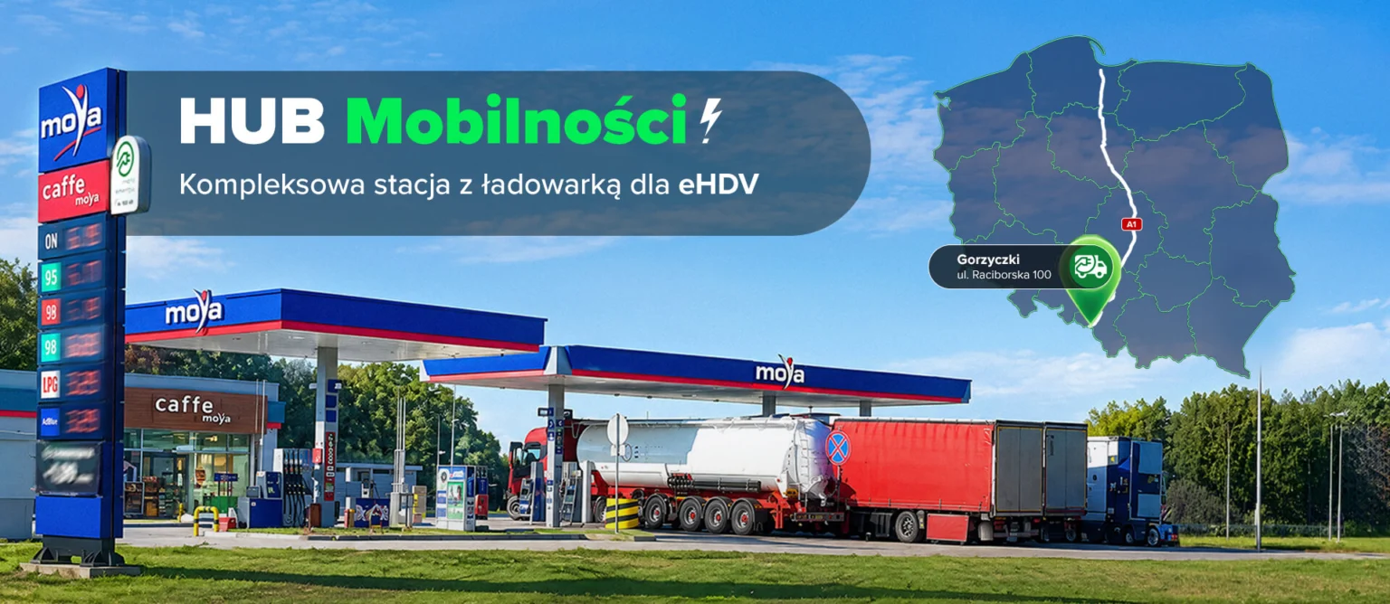Stacja ładowania Moya energia dla ciężarówek eHDV o mocy 400 kW przy autostradzie A1 w Gorzyczkach