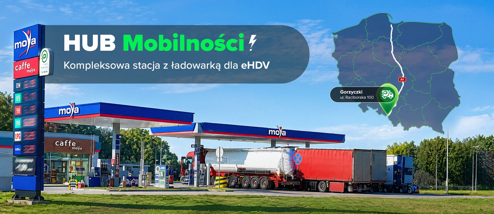 Stacja ładowania Moya energia dla ciężarówek eHDV o mocy 400 kW przy autostradzie A1 w Gorzyczkach