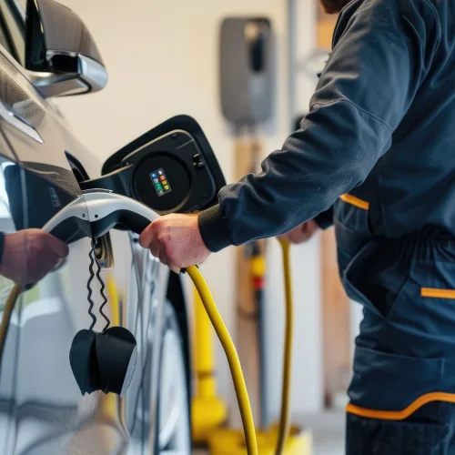 A technician connects an electric vehicle to a home charging station, illustrating the integration of renewable energy in daily life. AIG41